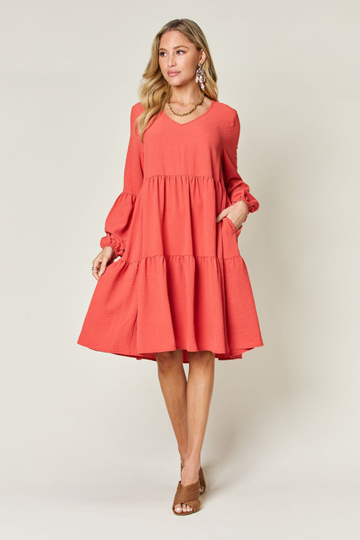 Double Take Full Size V-Neck Balloon Sleeve Tiered Dress | Trendsi