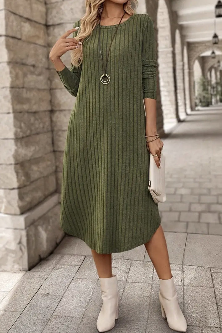 Ribbed Curved Hem Round Neck Long Sleeve Dress | Trendsi