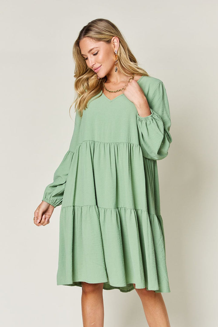 Double Take Full Size V-Neck Balloon Sleeve Tiered Dress | Trendsi