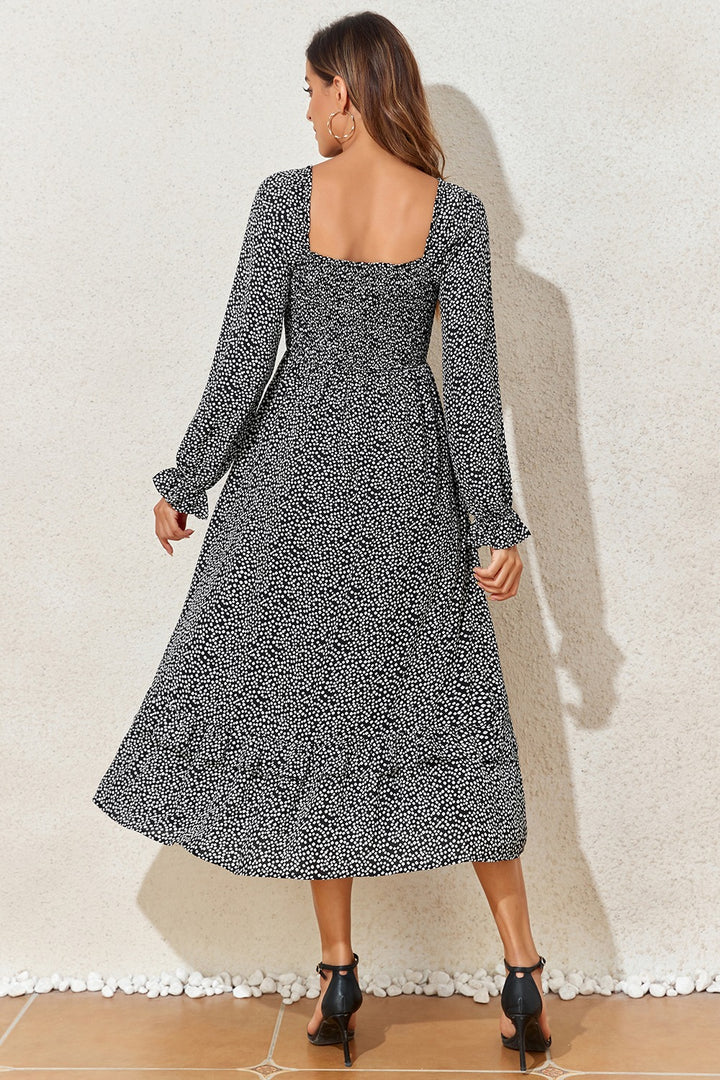 Printed Square Neck Long Sleeve Midi Dress | Trendsi