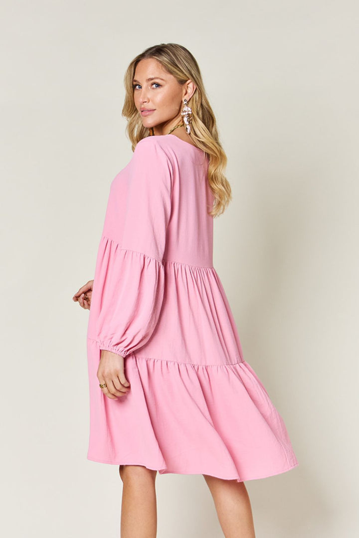 Double Take Full Size V-Neck Balloon Sleeve Tiered Dress | Trendsi