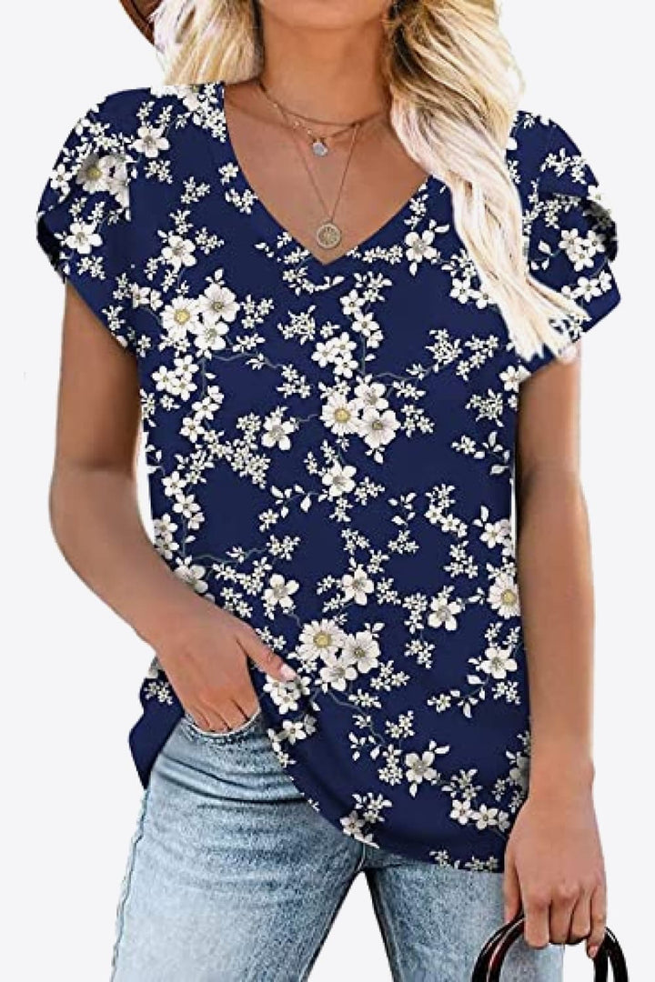 Printed Petal Sleeve V-Neck Blouse | Trendsi