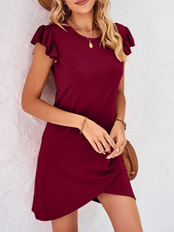 Ruffled Round Neck Cap Sleeve Mini Dress | Trendsi