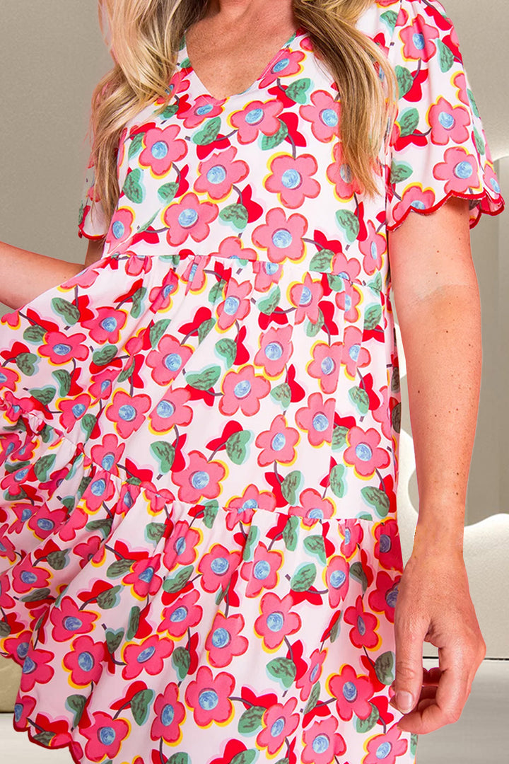 Scalloped Hem Flower Printed Short Sleeve Dress | Trendsi