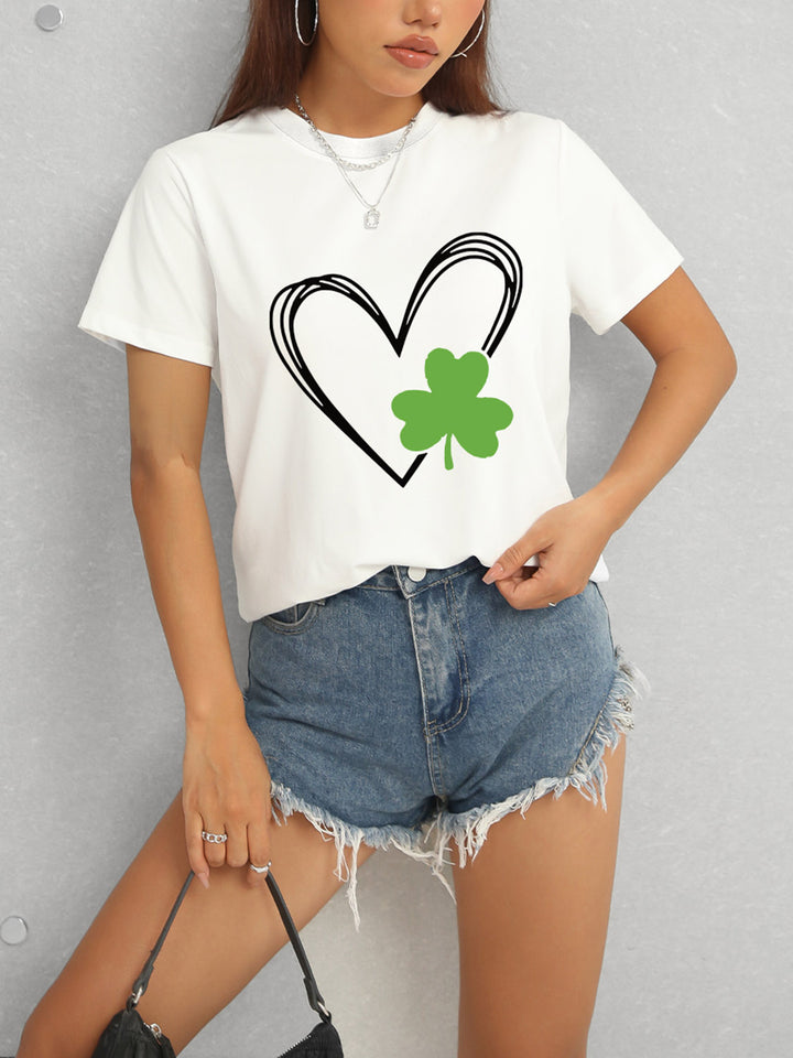 Heart Lucky Clover Short Sleeve T-Shirt | Trendsi