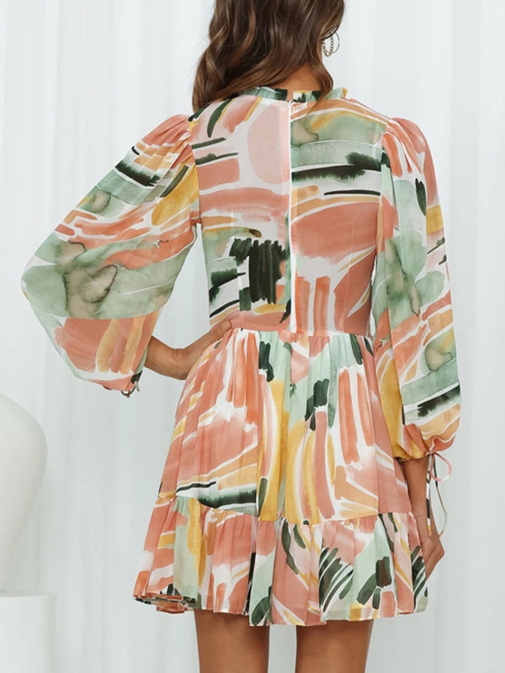 Printed Mock Neck Balloon Sleeve Mini Dress | Trendsi