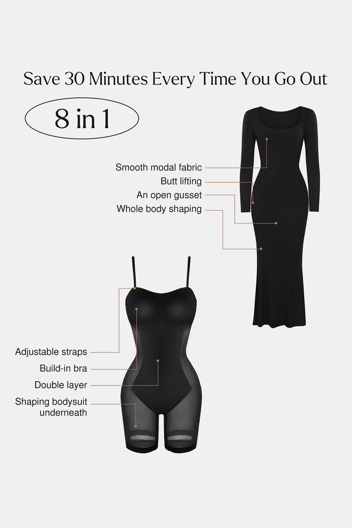 Basic Bae Built-In Shapewear Square Neck Long Sleeve Maxi Dress | Trendsi