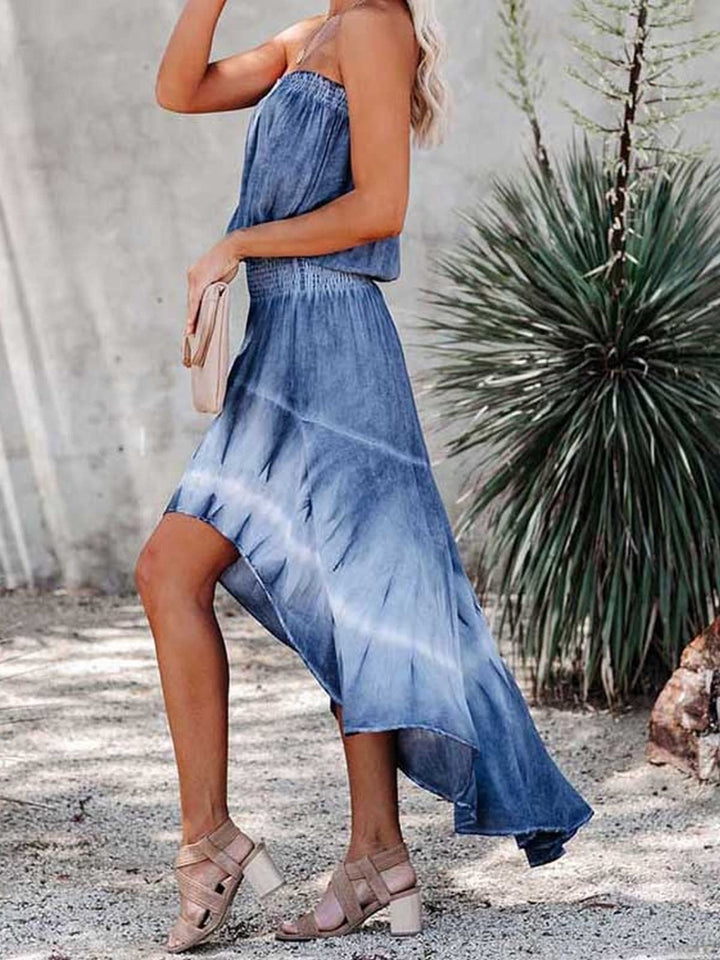 Smocked High-Low Tube Denim Dress | Trendsi