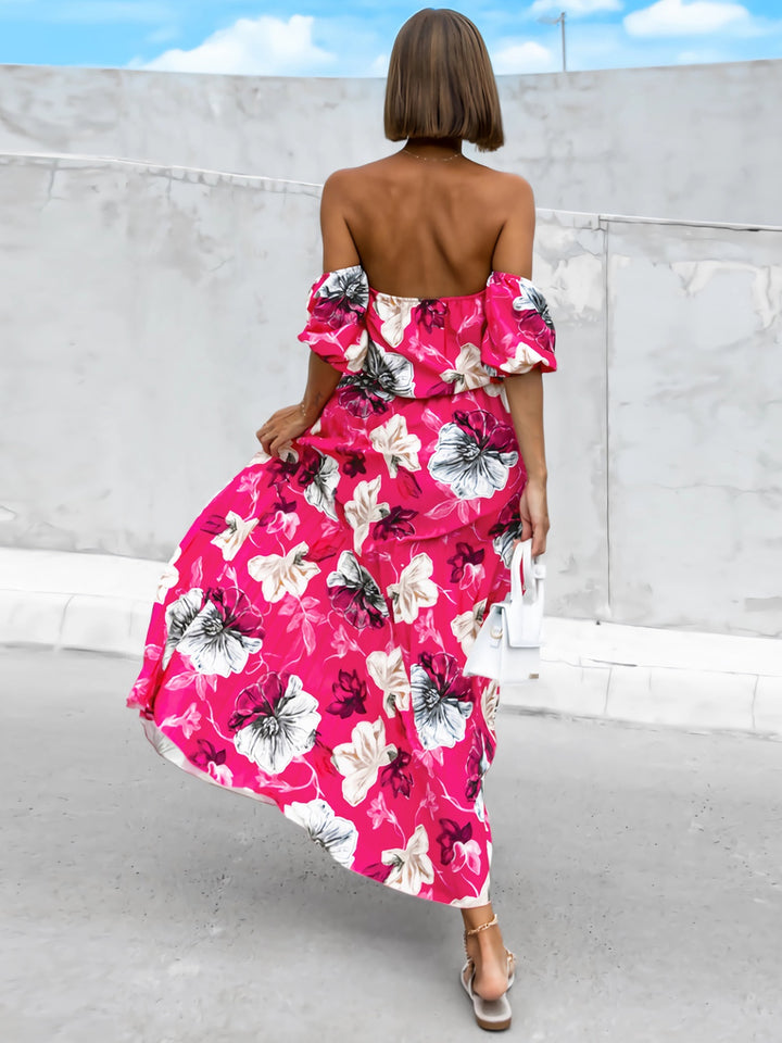 Pleated Floral Off-Shoulder Short Sleeve Midi Dress | Trendsi