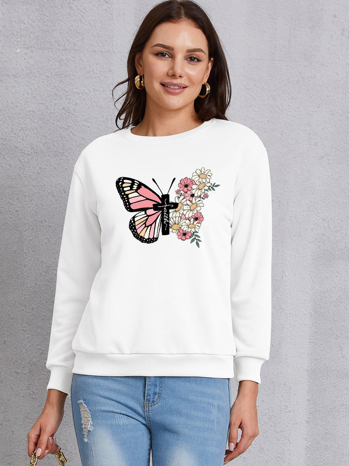 Butterfly Round Neck Dropped Shoulder Sweatshirt | Trendsi