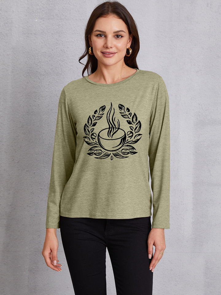 Coffee Graphic Round Neck Long Sleeve T-Shirt | Trendsi