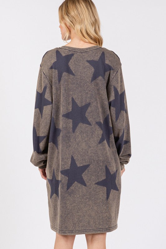 SAGE + FIG Washed Star Print Round Neck Dress | Trendsi