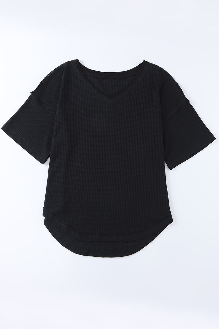 Waffle-Knit V-Neck Dropped Shoulder Blouse | Trendsi