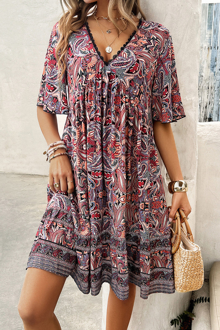 Printed V-Neck Half Sleeve Mini Dress | Trendsi