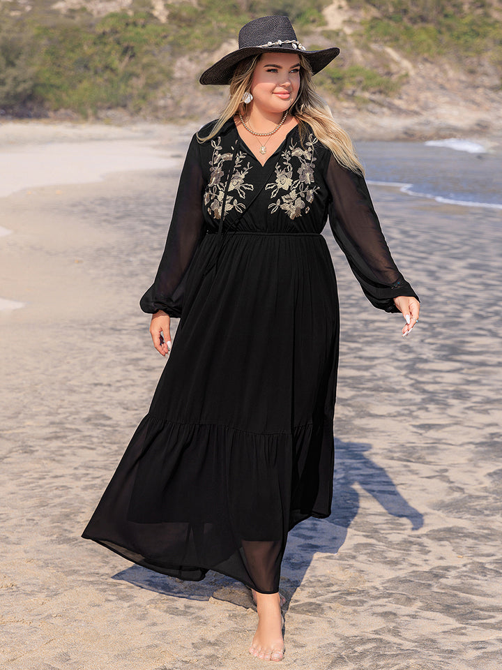 Plus Size Embroidered Tie Neck Long Sleeve Dress | Trendsi