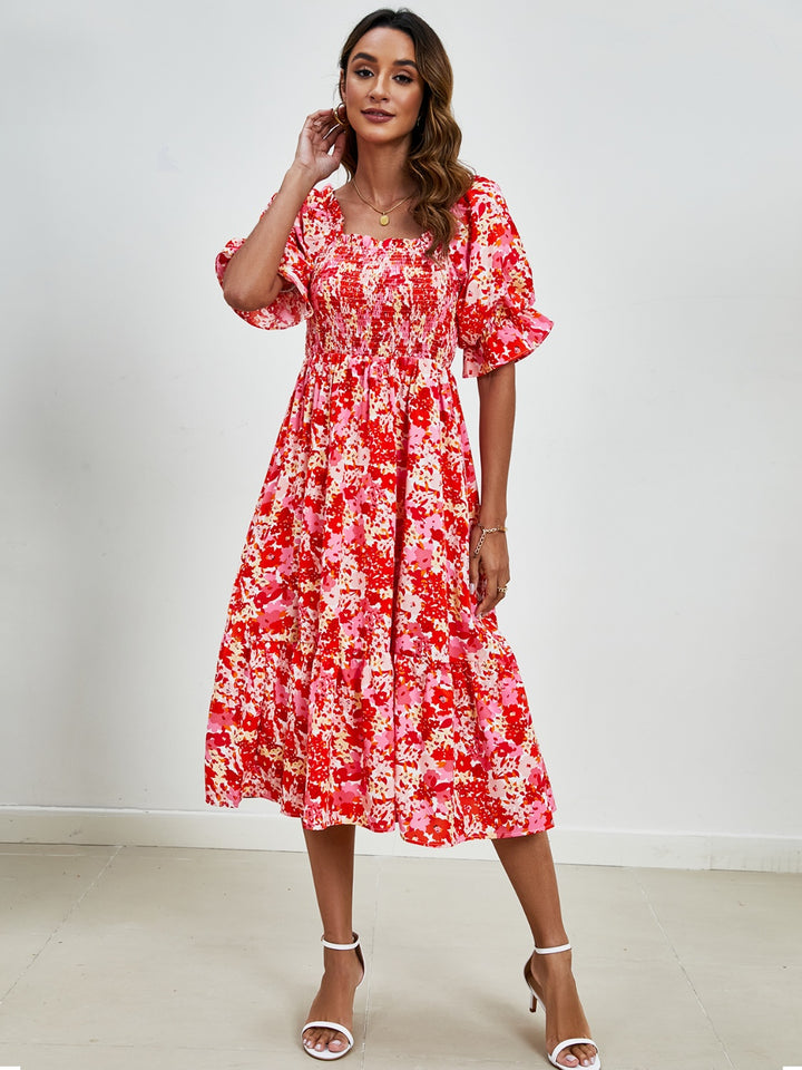 Smocked Floral Square Neck Short Sleeve Dress | Trendsi