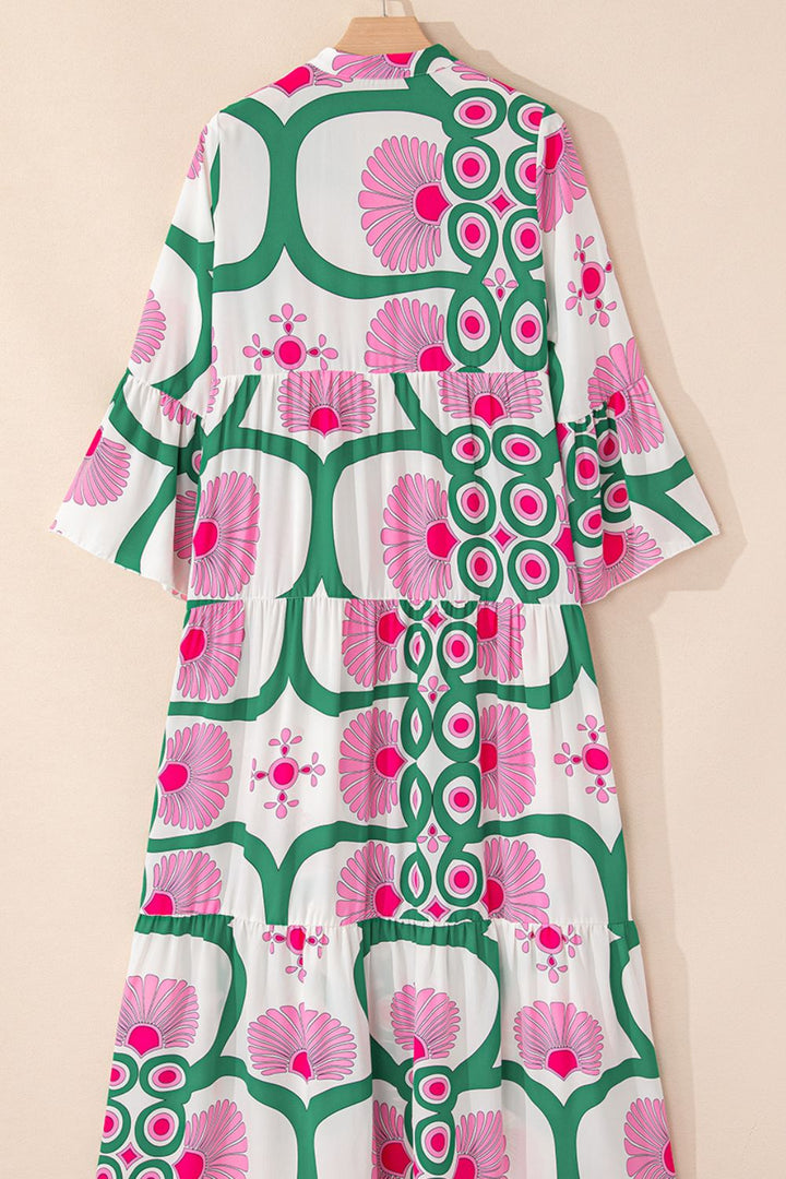 Printed Notched Long Sleeve Maxi Dress | Trendsi