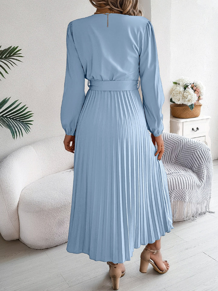 Pleated Tied V-Neck Long Sleeve Dress | Trendsi