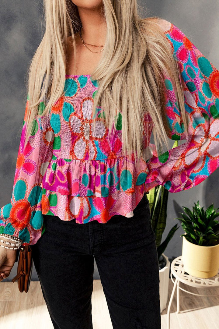 Floral Smocked Ruffled Balloon Sleeve Blouse | Trendsi