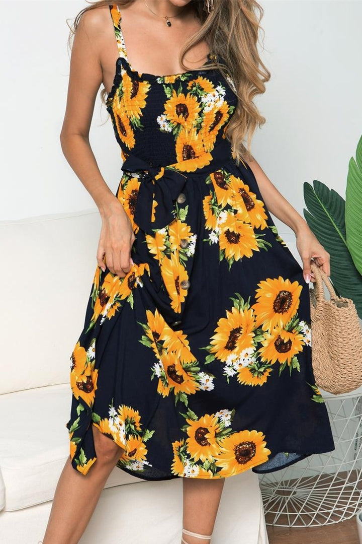 Smocked Sunflower Printed Sleeveless Cami Dress | Trendsi