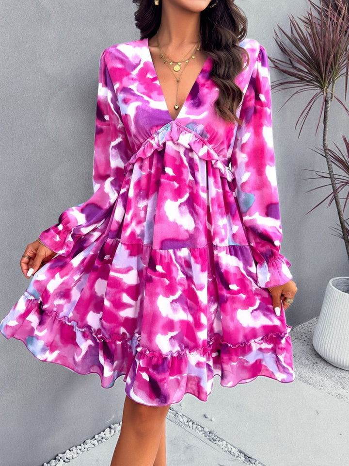 Backless Printed V-Neck Flounce Sleeve Dress | Trendsi