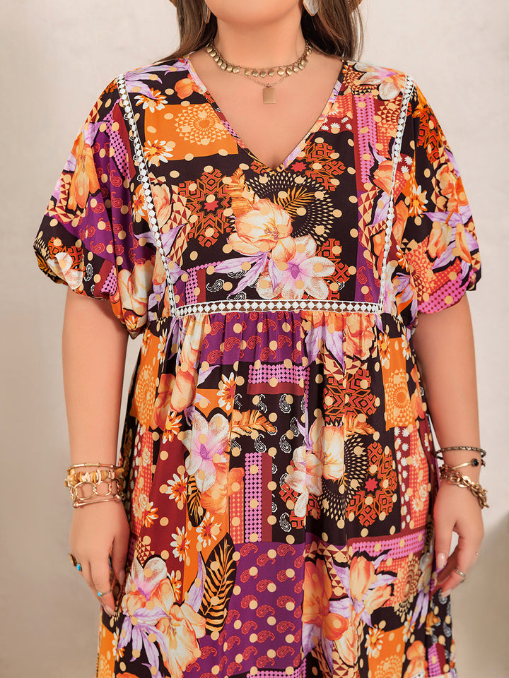 Plus Size Printed V-Neck Half Sleeve Maxi Dress | Trendsi