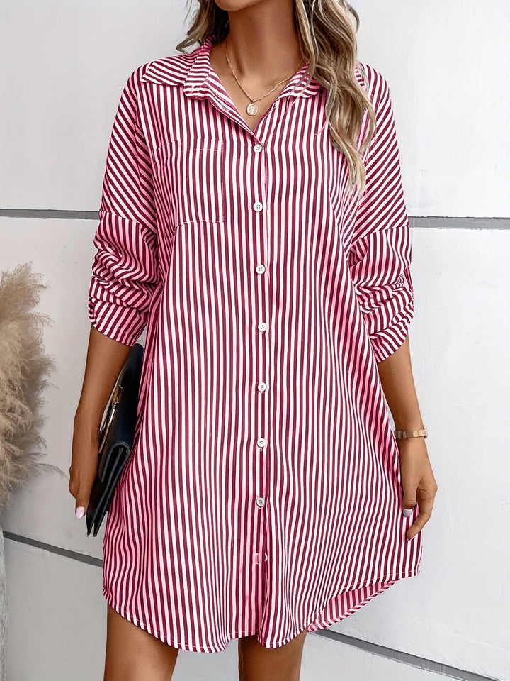 Striped Button Up Long Sleeve Mini Shirt Dress | Trendsi