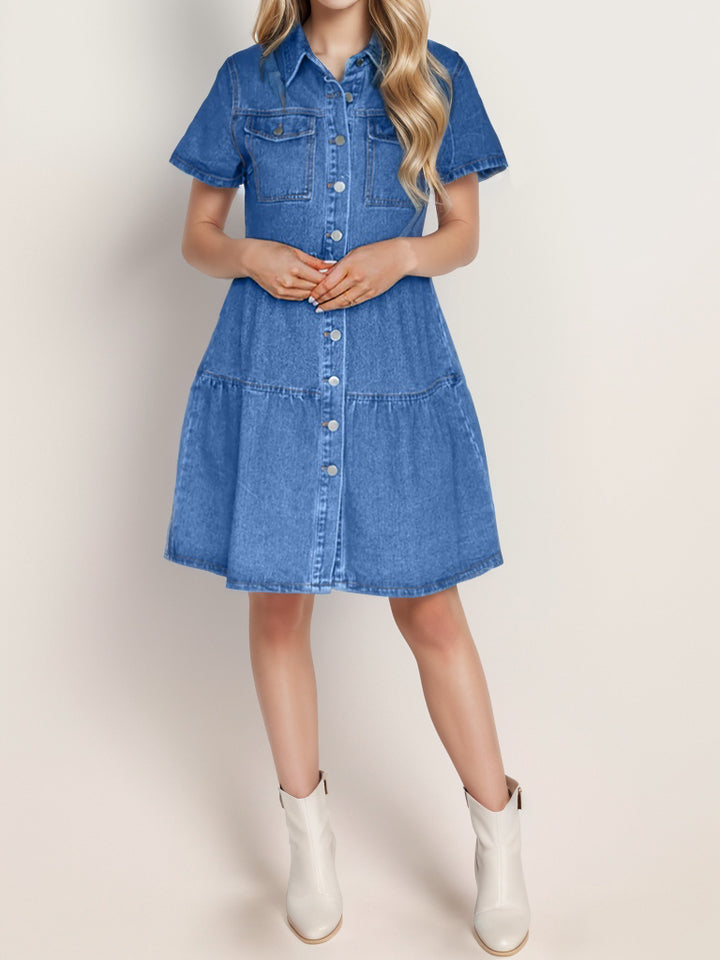 Button Up Short Sleeve Denim Dress | Trendsi