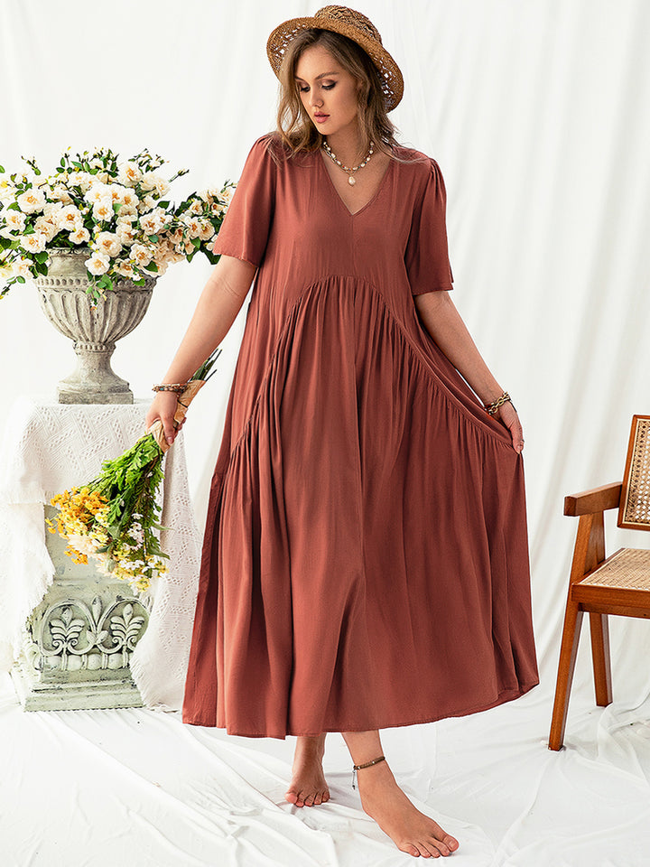 Plus Size V-Neck Flutter Sleeve Midi Dress | Trendsi