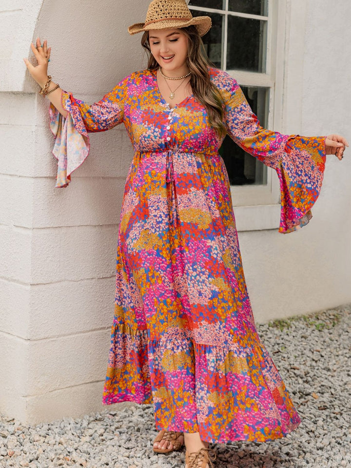 Plus Size Printed V-Neck Long Sleeve Maxi Dress | Trendsi