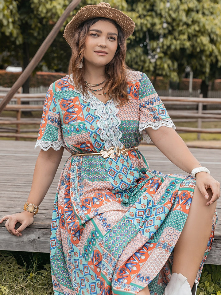 Plus Size Lace Detail Printed Half Sleeve Midi Dress | Trendsi