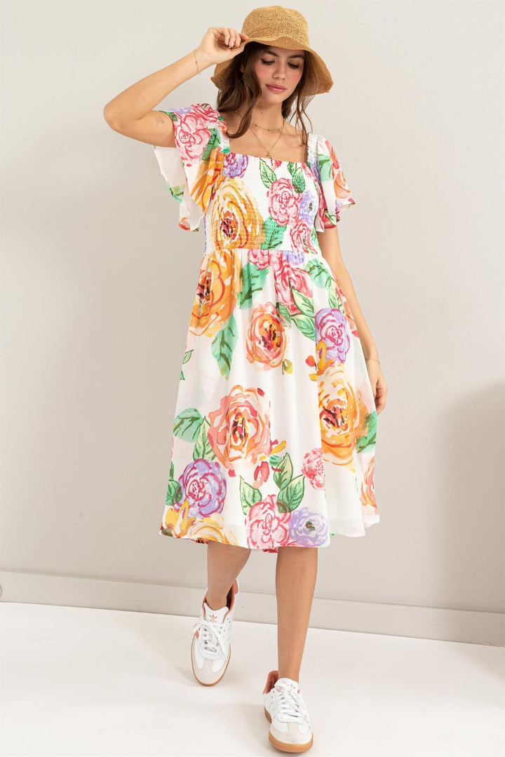 HYFVE Floral Flutter Sleeve Smocked Dress | Trendsi