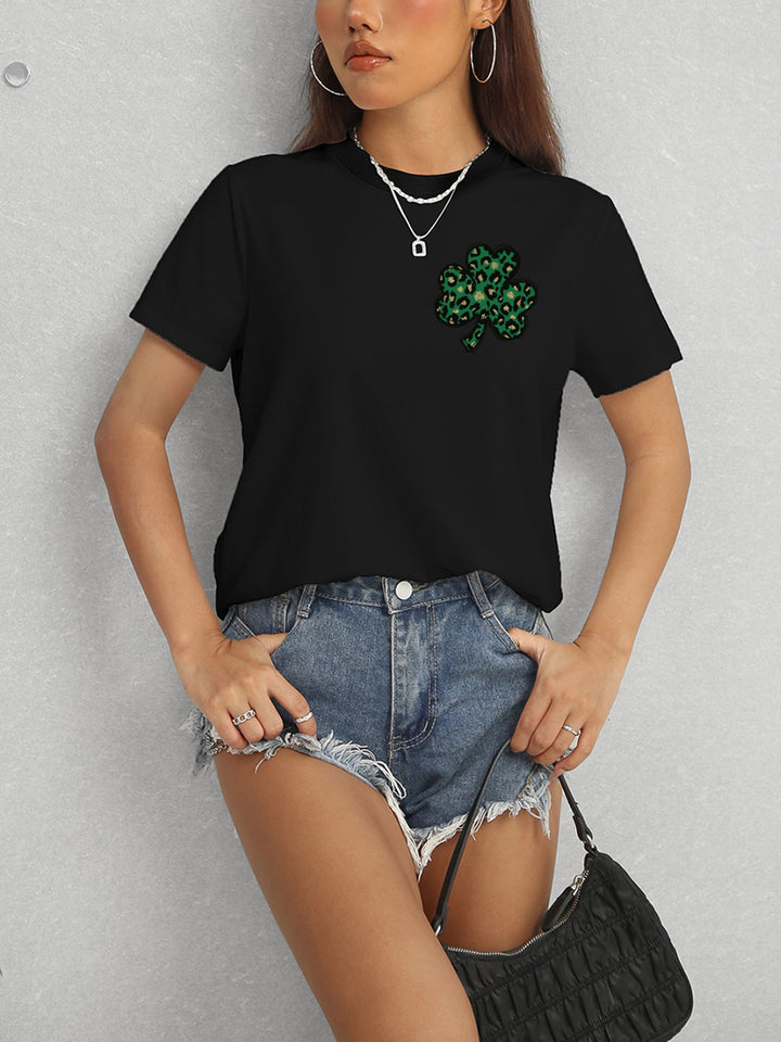 Lucky Clover Round Neck Short Sleeve T-Shirt | Trendsi