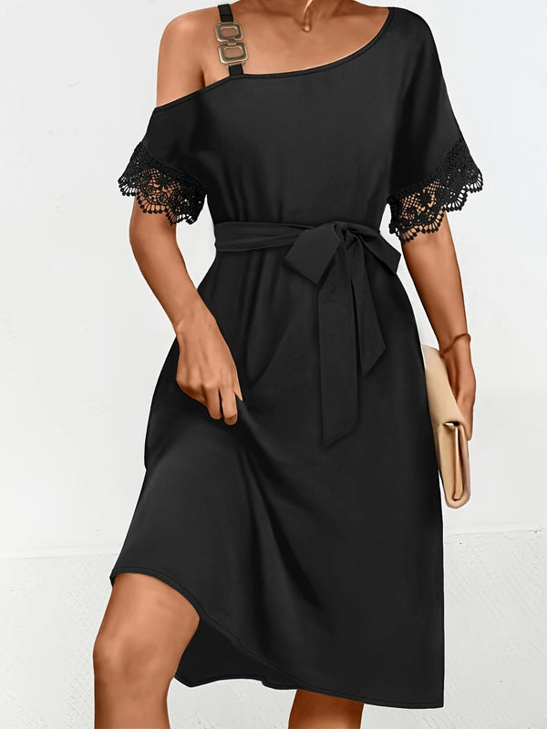Lace Detail Asymmetrical Neck Short Sleeve Dress | Trendsi