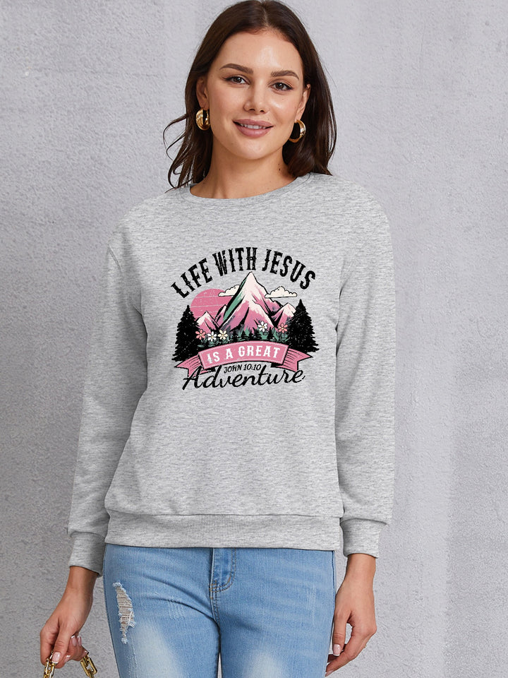 LIFE WITH JESUS IS A GREAT ADVENTURE Round Neck Sweatshirt | Trendsi