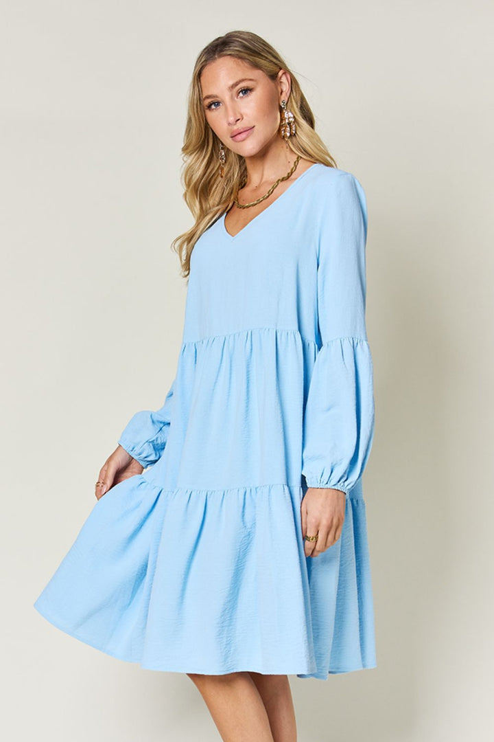 Double Take Full Size V-Neck Balloon Sleeve Tiered Dress | Trendsi