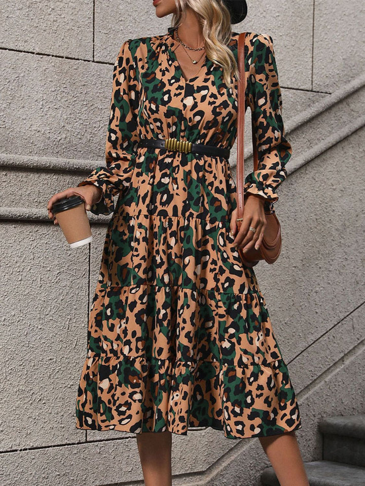 Leopard Notched Flounce Sleeve Midi Dress | Trendsi