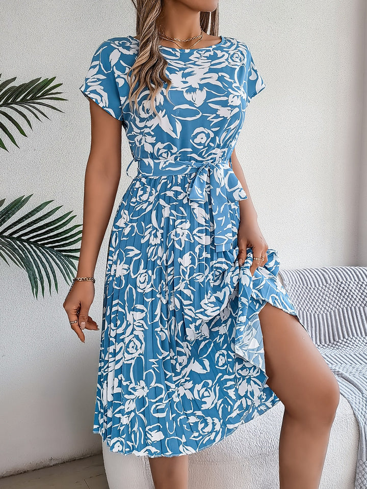 Tied Pleated Printed Short Sleeve Dress | Trendsi