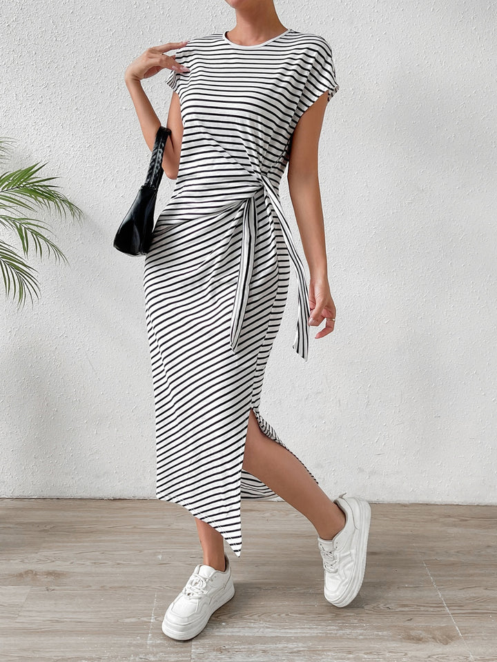 Tied Striped Round Neck Short Sleeve Tee Dress | Trendsi