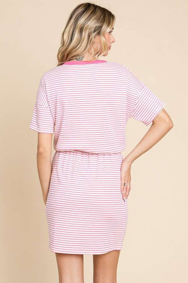 Culture Code Full Size Striped Short Sleeve Mini Dress with Pockets | Trendsi