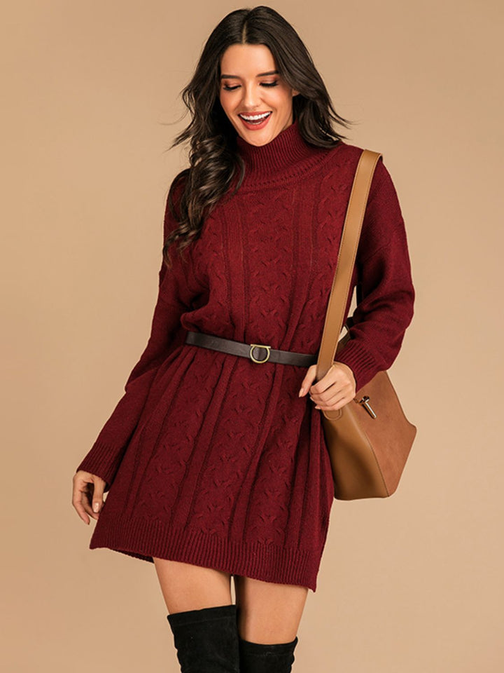 Perfee Slit Turtleneck Long Sleeve Mini Sweater Dress | Trendsi