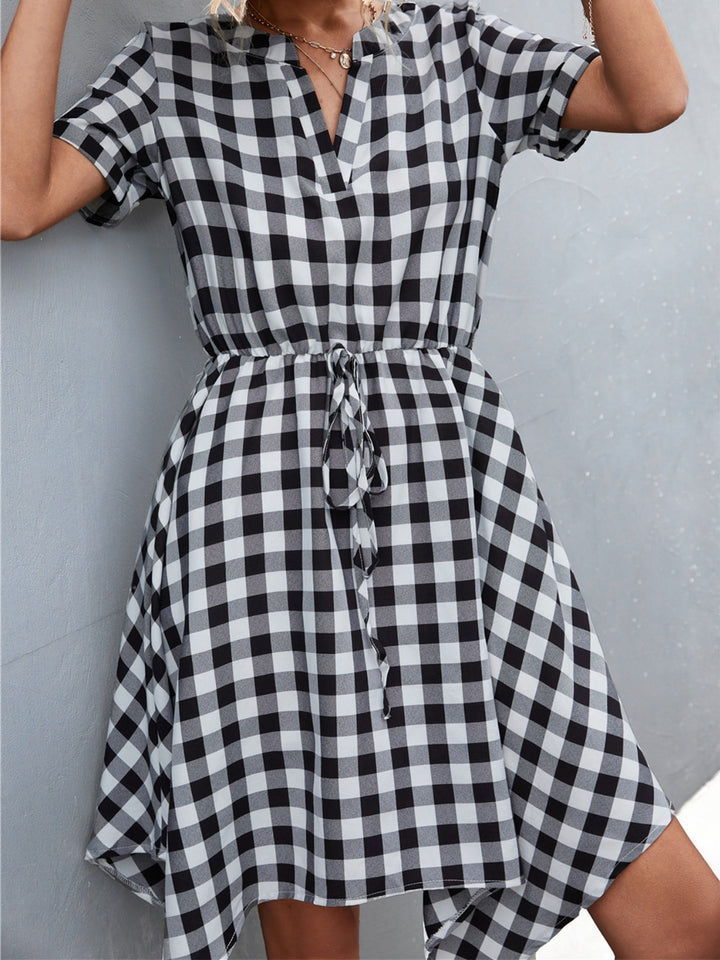 Plaid Notched Short Sleeve Dress | Trendsi