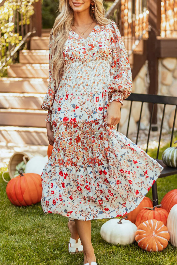 Full Size Printed V-Neck Lantern Sleeve Midi Dress | Trendsi