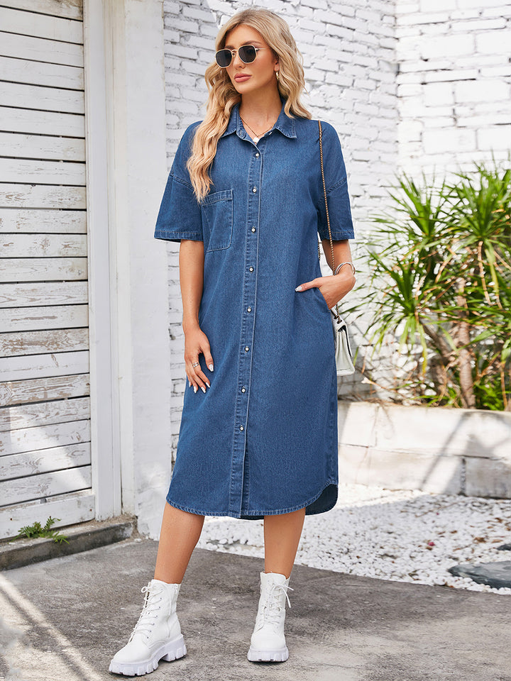 Button Down Half Sleeve Denim Dress | Trendsi