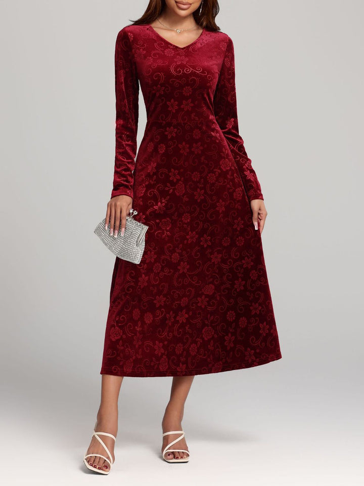 Flower Print V-Neck Long Sleeve Midi Dress | Trendsi