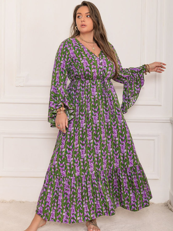 Plus Size Printed V-Neck Long Sleeve Maxi Dress | Trendsi