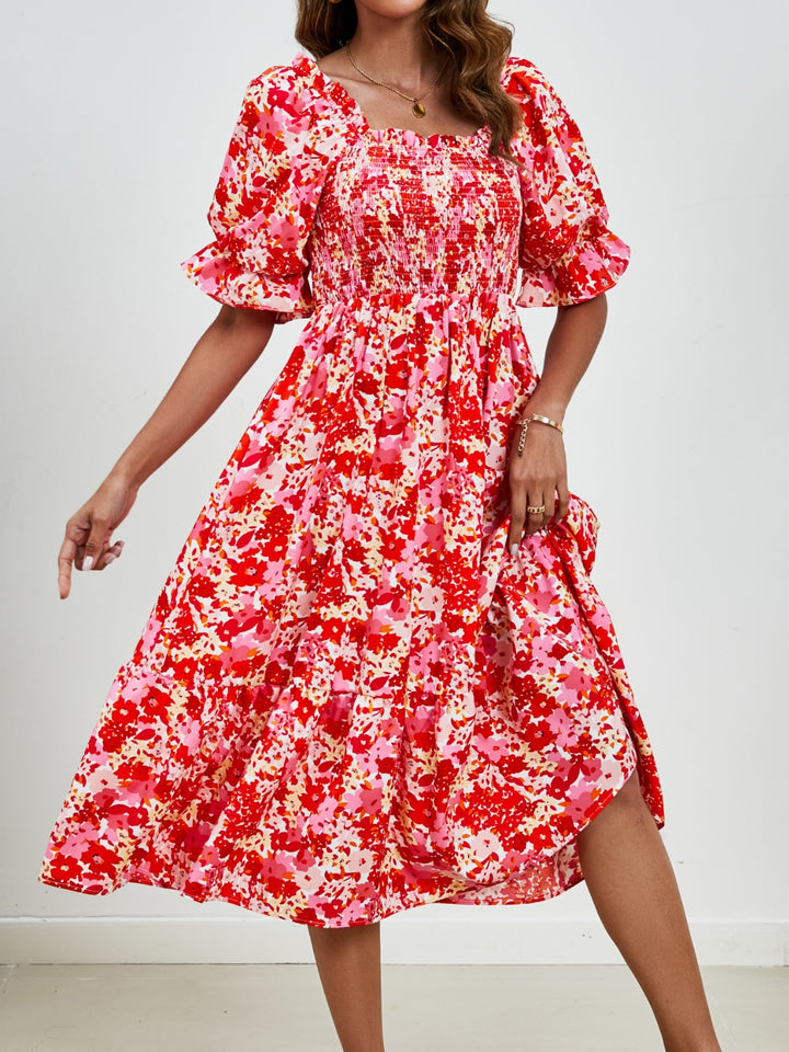 Smocked Floral Square Neck Short Sleeve Dress | Trendsi