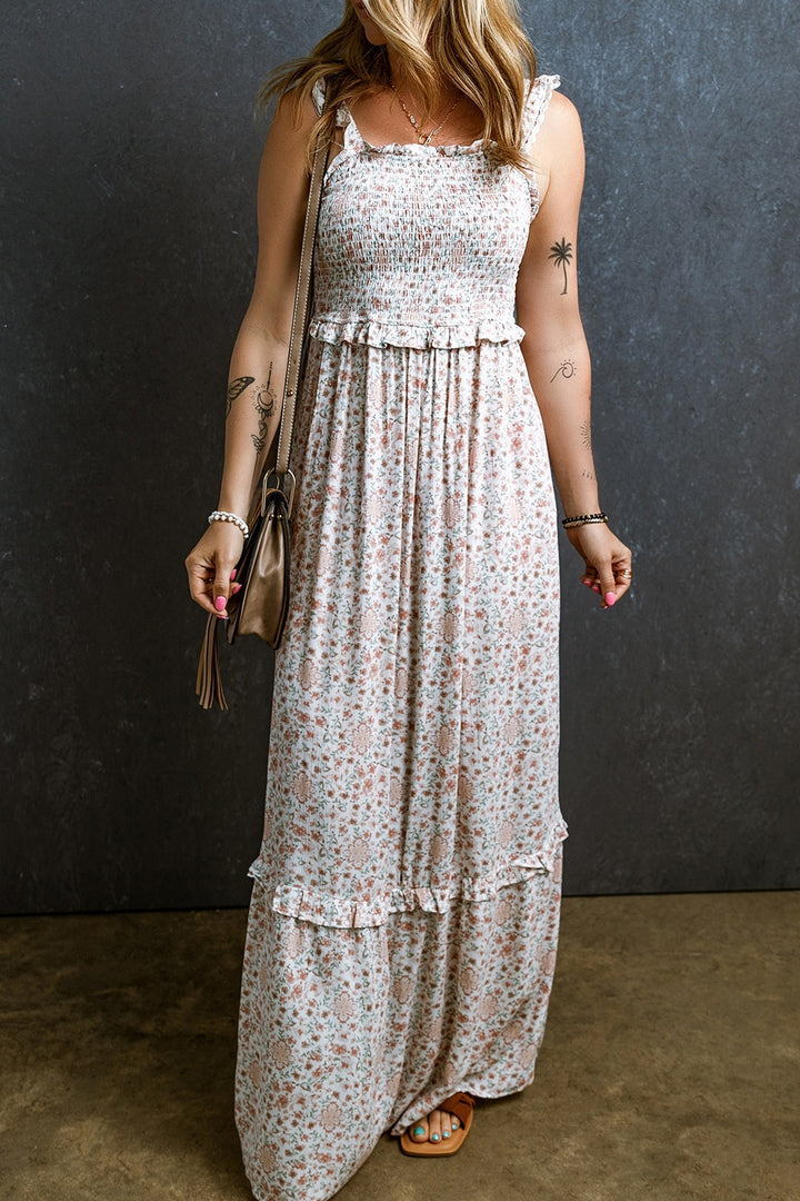 Ruffled Smocked Printed Sleeveless Maxi Dress | Trendsi