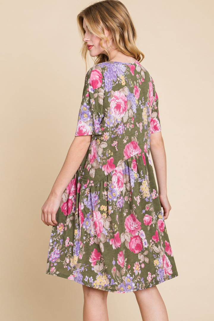 BOMBOM Flower Print V-Neck Ruched Dress | Trendsi