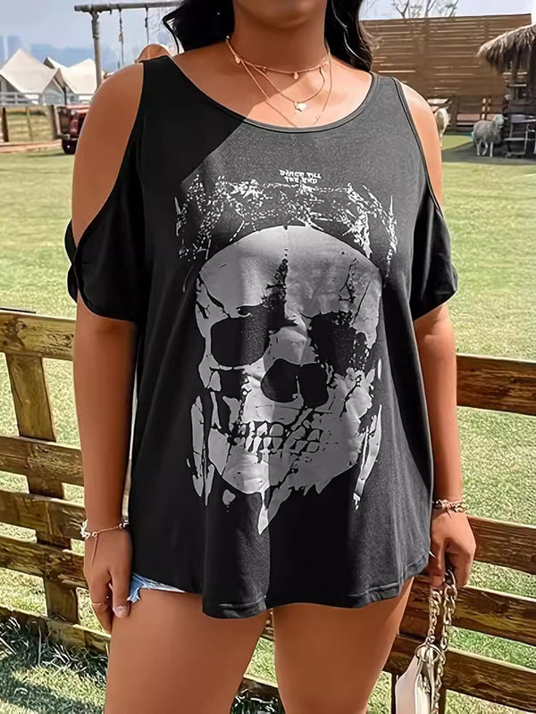 Plus Size Skeleton Graphic Round Neck Cold Shoulder T-Shirt | Trendsi